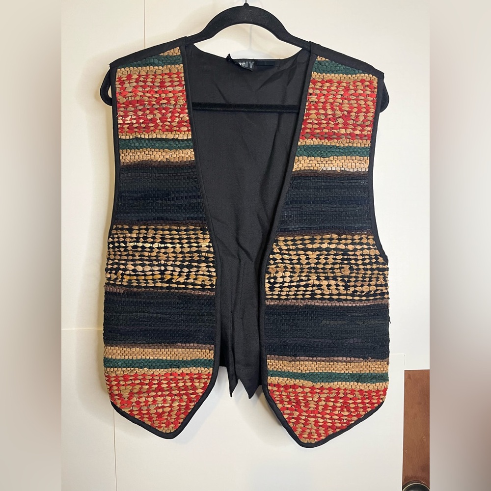 AJNY NYC Women’s (VTG M/Fits S) Striped Woven Leather Open Front Vest